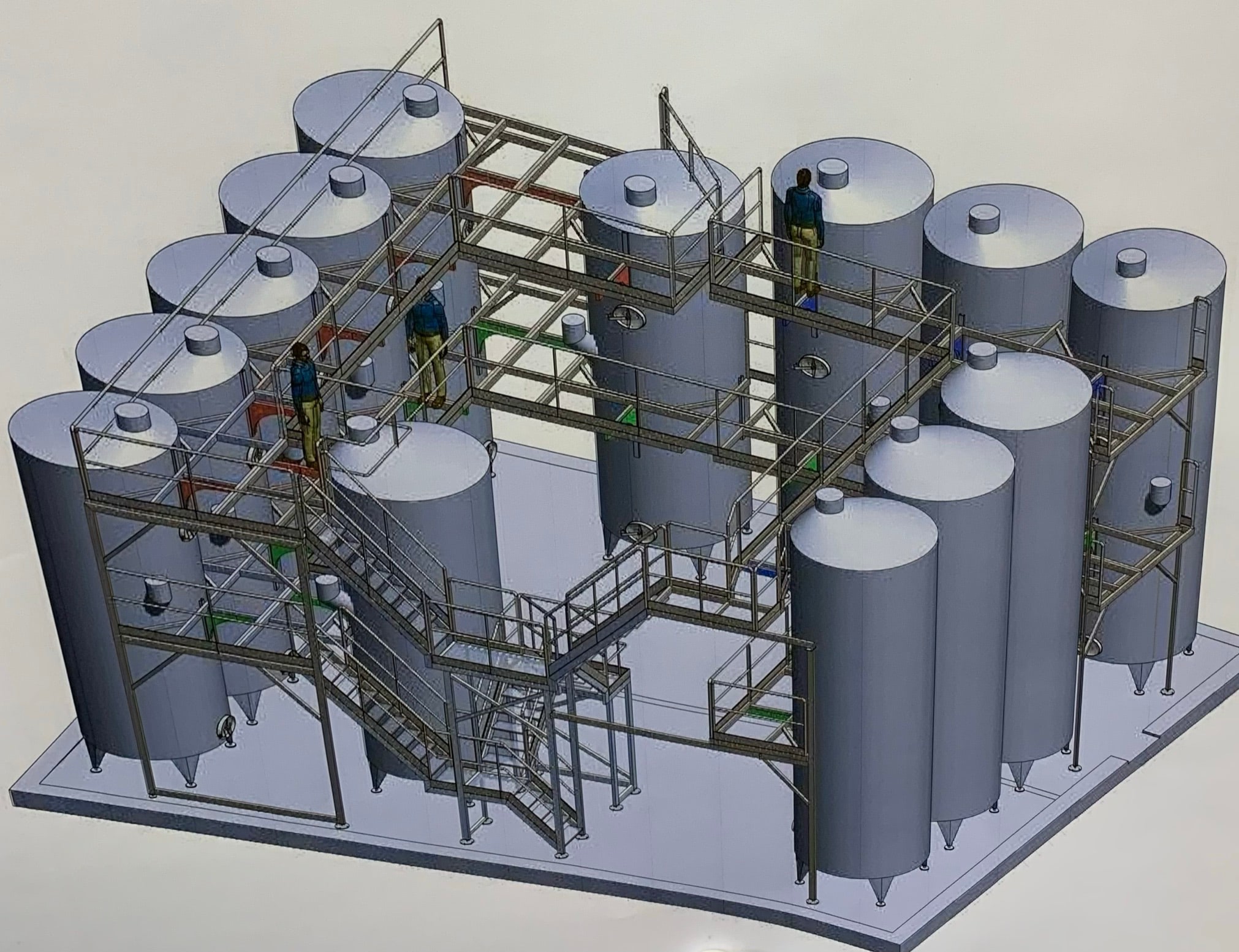 Le travail du bureau d'étude permet de visualiser en 3D le chai, avec les cuves, passerelles et escaliers