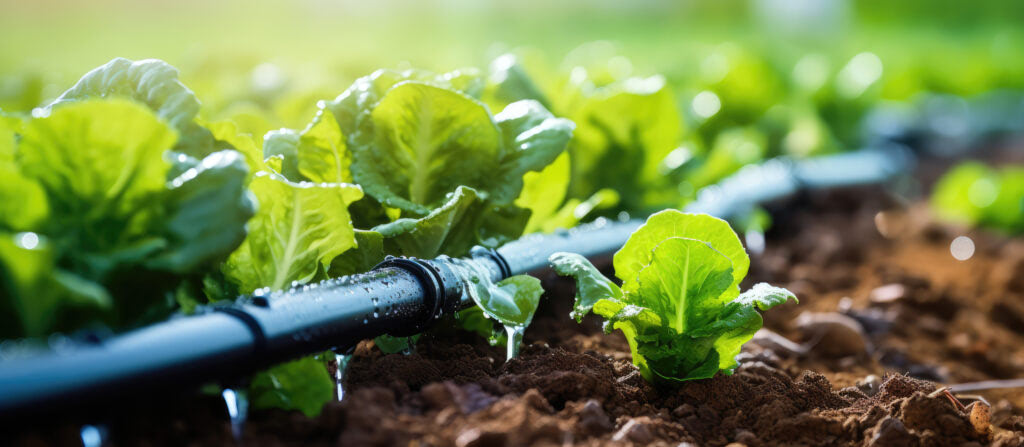 Irrigation au goutte à goutte contrôlée sur un champ de production maraîchère